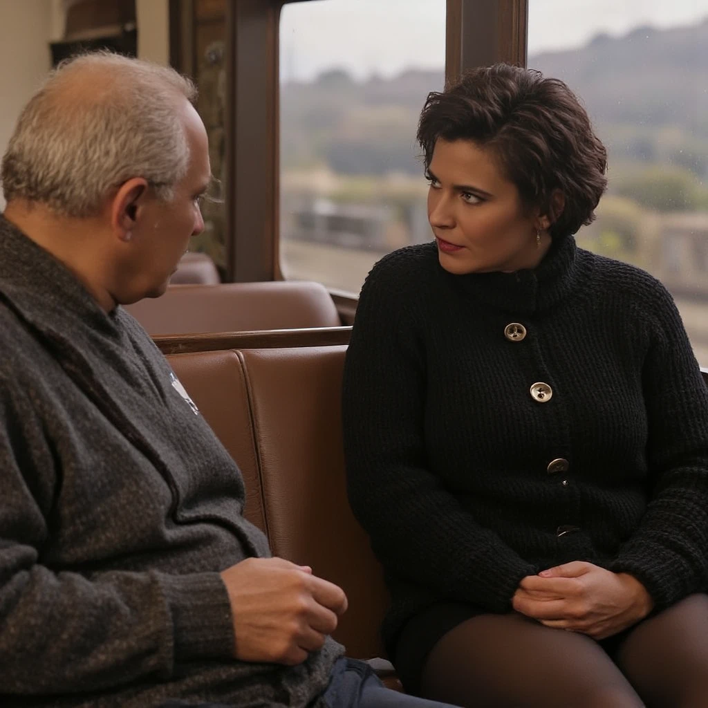 an old Italian man of 80 years old is sitting next to a gorgeous Italian woman with short dark brown hair, wearing a warm long sleeve black long crocheted wool cardigan with big buttons and black Extra Long Thigh High Socks is looking disgusted while sitting cramped,very close, to an older man that looks intensely at her, that desires her, in an empty bus in the countryside in Italy with brown seats, temptation, photorealistic, 1girl, high quality, detailed features, photo-realistic, realistic, 4k, 8k, highres, indirect gaze, Nikon D850A, cinematic photo, 8k, 85mm medium format photo beautiful hyperrealism hyperdetailed, full body shot