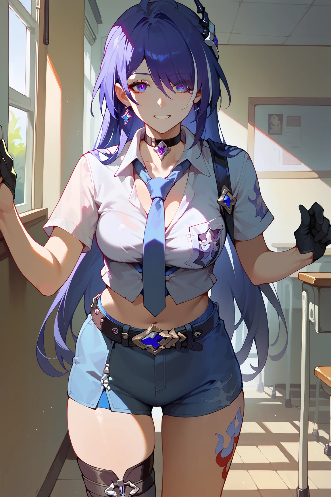 score_9, score_8_up, score_7_up, score_6_up, 1girl, acheron \(honkai: star rail\), solo, long hair, short shorts, leg tattoo, single thigh boot, standing, midriff, black gloves, hair ornament, choker, tucked in sma shirt, sma necktie, sma belt, sma skirt, uneven legwear, looking at viewer, smiling, classroom, indoors, cowboy shot, looking at viewer 