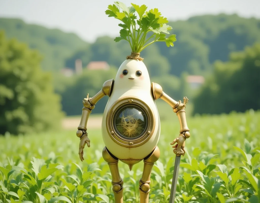  Daikon-type robot with polished brass gears at the joints. It has a glass window in its belly, through which an intricate metal base can be seen.

Daikon is holding a sword and harvesting rice in a rice field.