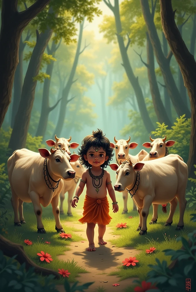 Shree kishan at front of cows and right and left to trees s at age of 3 to 5

