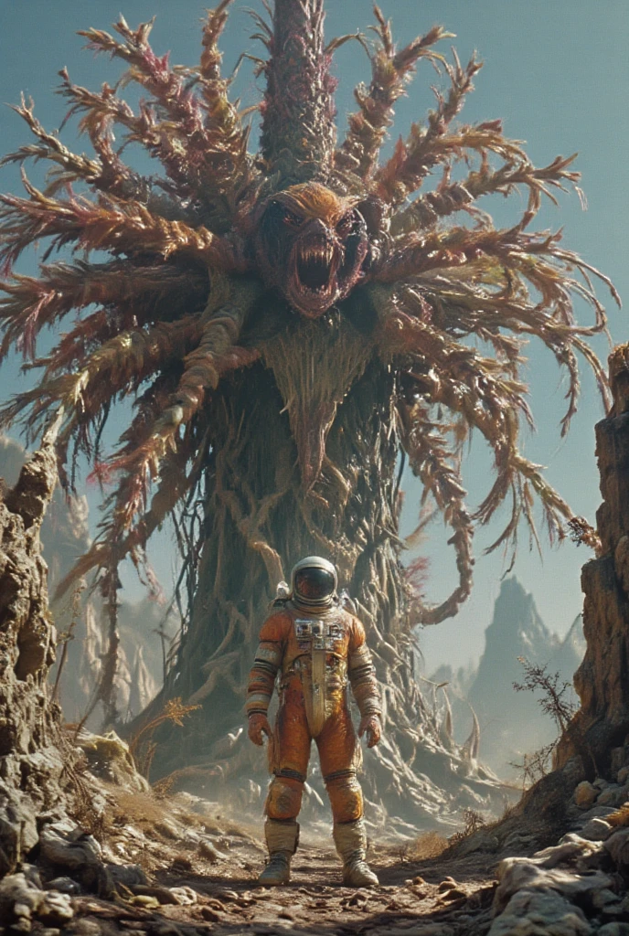 (best quality, masterpiece:1.2), photo of giant and agressive looking alien carnivorous plant on alien planet, futuristic astronaut in front, elaborate details, perfect illustration, bright colors enhance the mood of the work of art. In the style of Frank Frazetta