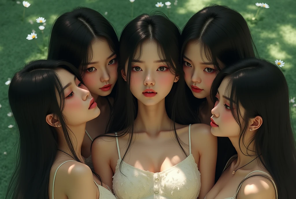 Three Asian girls, 18 years old, wearing wet white clothes, holding AA12 shotguns, with flowing mixed hair like a jungle, with beautiful gray streaks, pushing up their chests, clothes torn, high detail. The bedroom background is detailed in 8K.