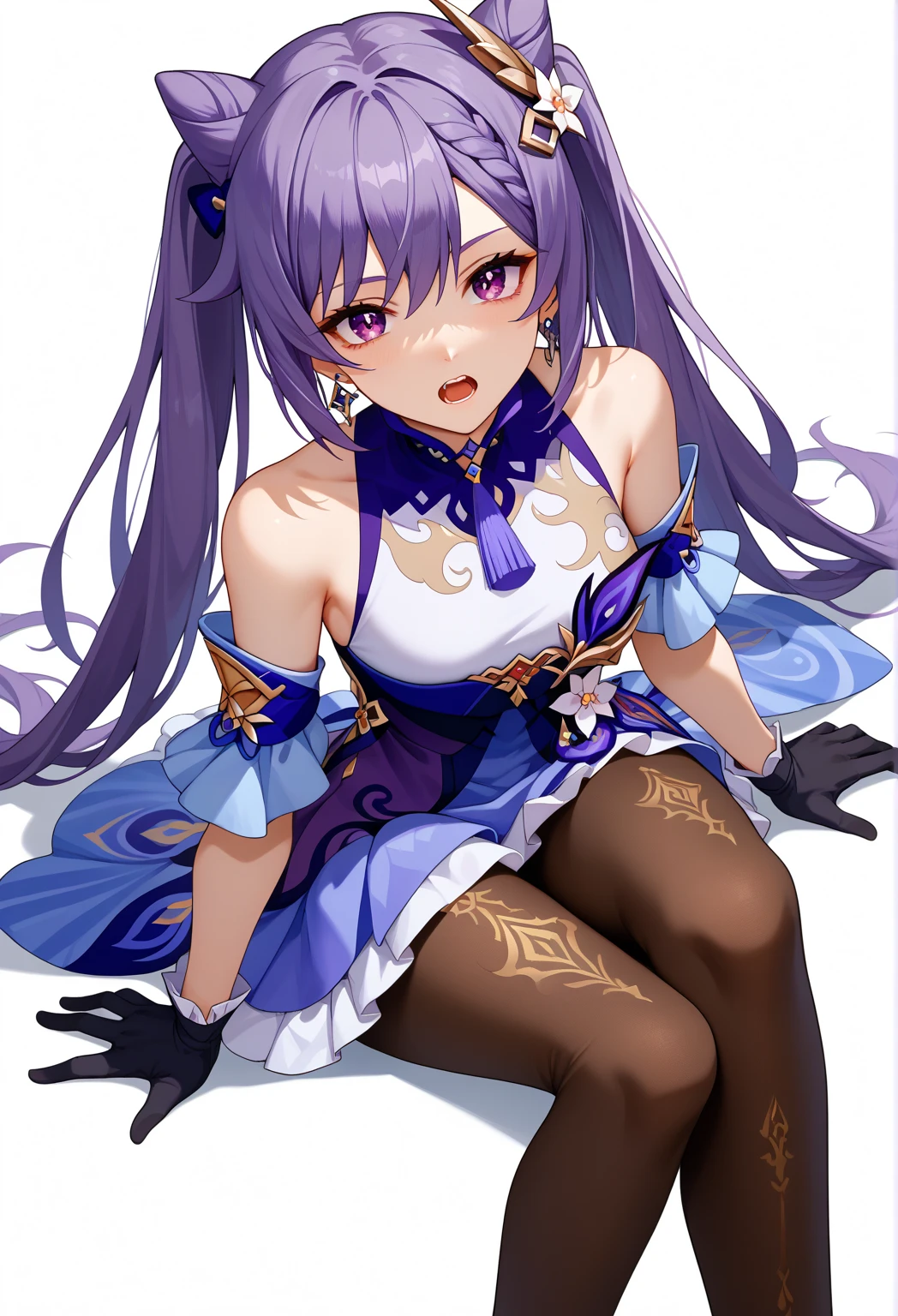 score_9,score_8_up,score_7_up, keqing \(genshin impact\), 1girl, azuya0507, black gloves, brown pantyhose, dress, earrings, from above, gloves, jewelry, long hair, looking at viewer, open mouth, pantyhose, purple dress, purple eyes, purple hair, sidelocks, simple background, sitting, solo, teeth, twintails, upper teeth only, white background