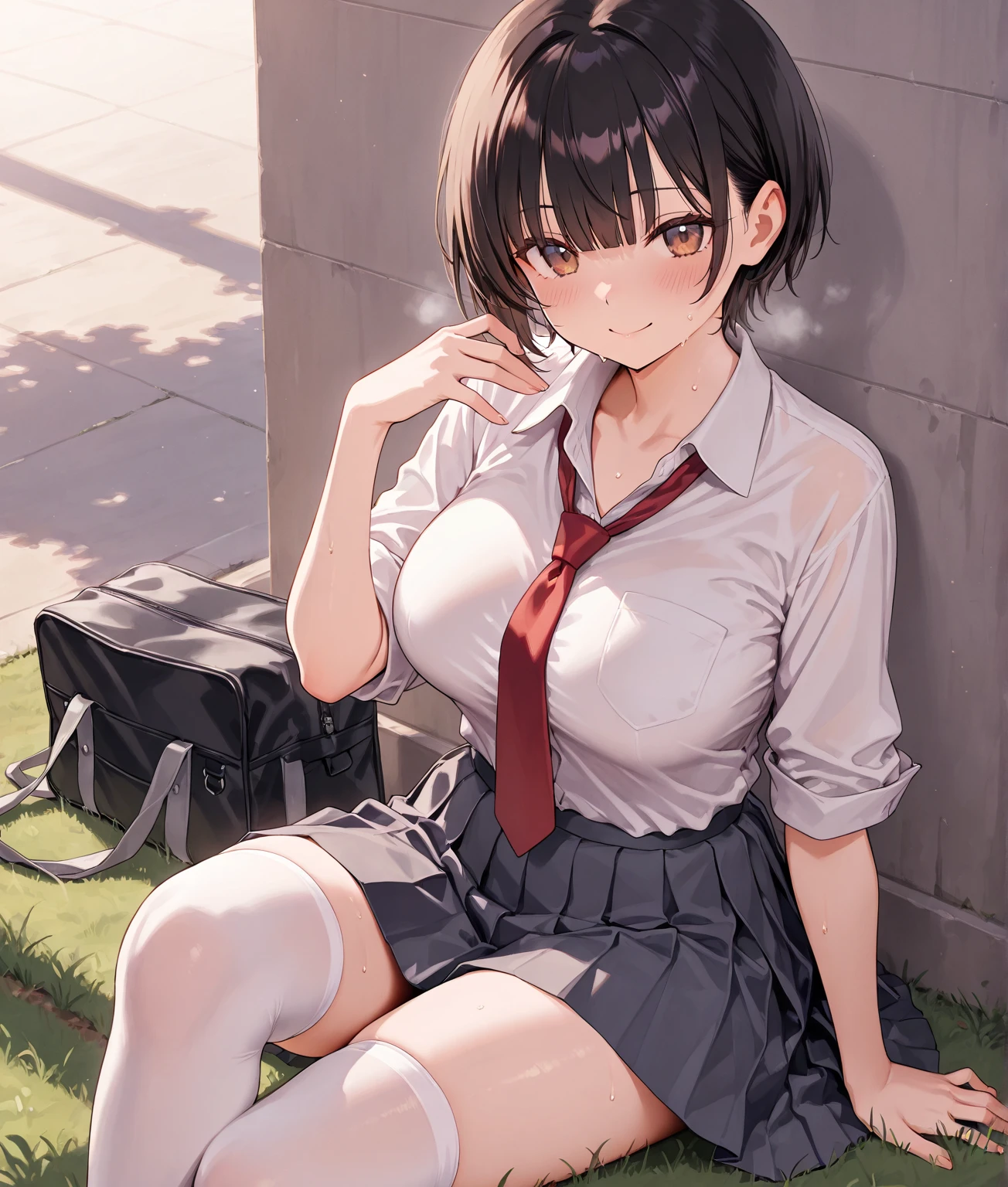 (Close-up:1.4)、(RAW photo:1.2)、(photorealistic:1.4)、(masterpiece:1.3)、(highest quality:1.4)、(Beautiful woman with perfect body:1.4)、solo、7 head and body、(cute face)、(cute:1.2)、(full body shot)、(panty shot:1.3)、(spread your legs:1.3)、beautiful detailed sky、night、wet、looking at the viewer、(sitting:1.5)、smile、big breasts、(beautiful detailed eyes)、(charming big eyes)、(beautiful double eyelids)、(beautiful and detailed face)、(short hair:1.1)、(brown hair)、(perfect anatomy:1.2)、(tie、pleated skirt、school uniform、white panties、white shirt、loafers、socks:1.3)、blurred background、outdoor、