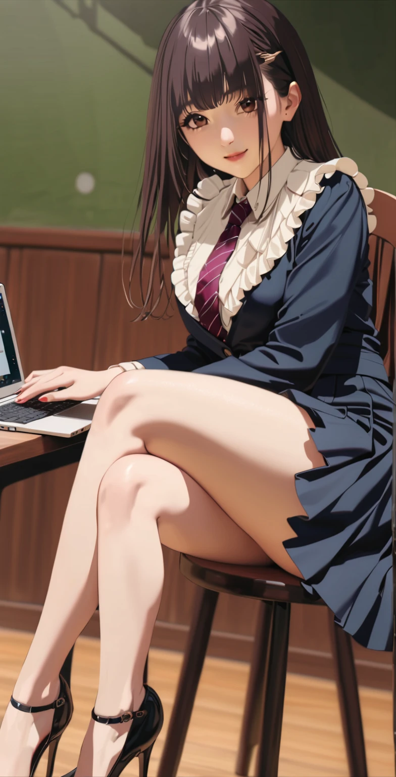   anime girl in high heels sitting on a chair with a laptop, a hyperrealistic student , hyperrealistic student ,    Cute schoolgirl   , realistic student ,  provocative smile ,  seductive anime, student, sentado On a table, sitting On a table, beautiful anime high student, thighs!!!, thighs, On a table, thighs close up, sitting casually