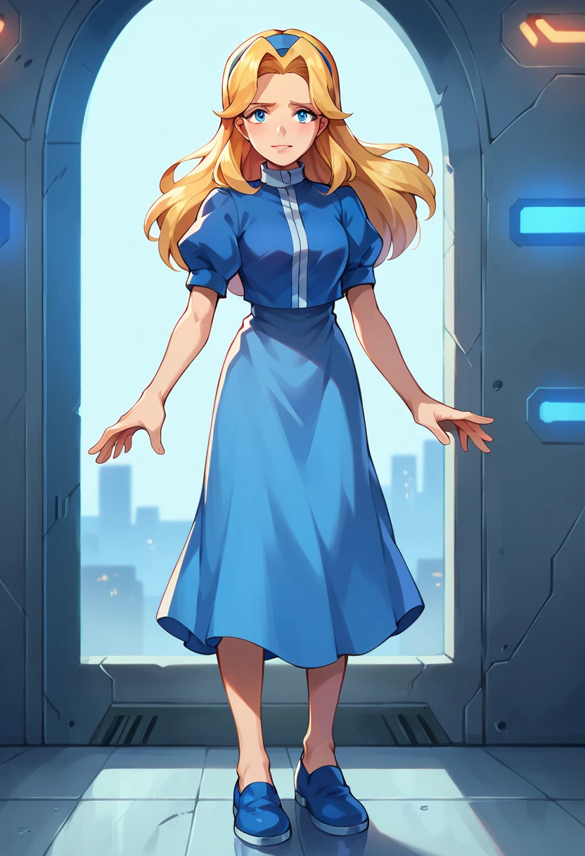 Score_9, Score_8_up, Score_7_up, Score_6_up, original anime, BREAK 1girl, solo, mature girl, adult, Maria Robotnik, \(Sonic\), blonde hair, paisa, long hair, blue eyes, parted, blue hairband, blue shoes, white collar, short puffy sleeves, small blue jacket, long-sleeved blue dress. standing full-length, on a spaceship