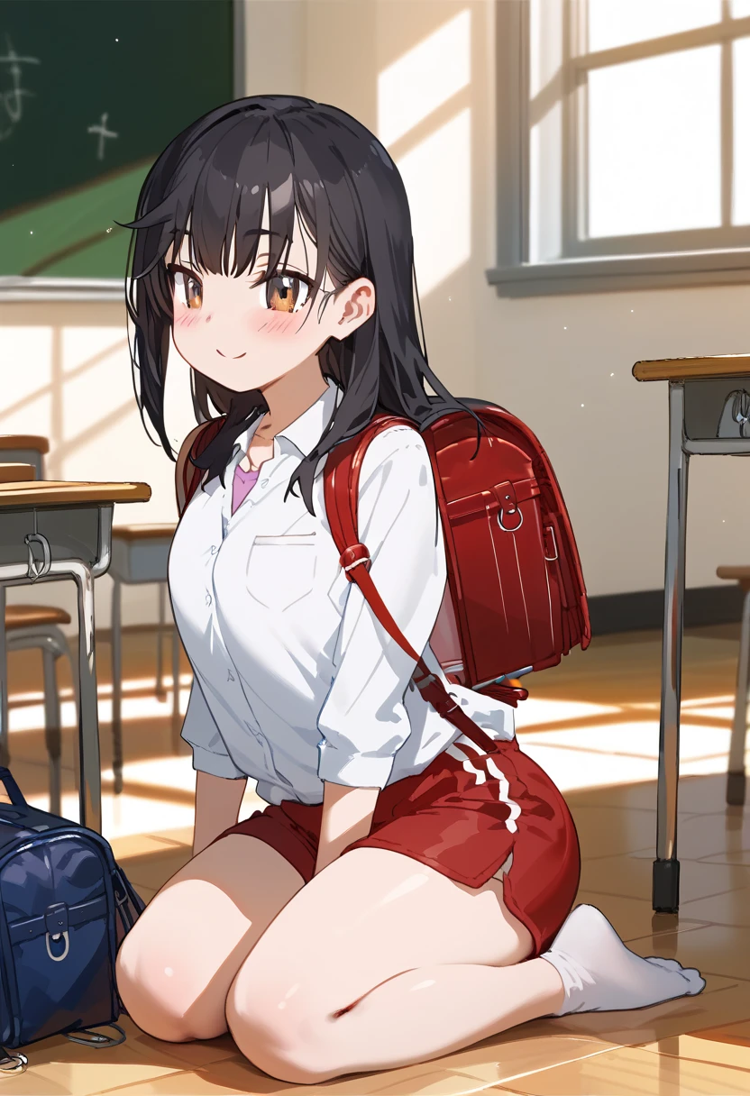 yukimi, 10., long hair, dull bangs, flat chest, No expression, shy, whole body, highest quality, (randoseru red backpack:1.4), crowded station、There are a lot of guys around、In underwear、angle from below、kneel down、(small area white panties:1.4)、(masturbation:1.4)、(put your hand inside your pants:1.4)、Striped pattern、embarrassing、Transparent、