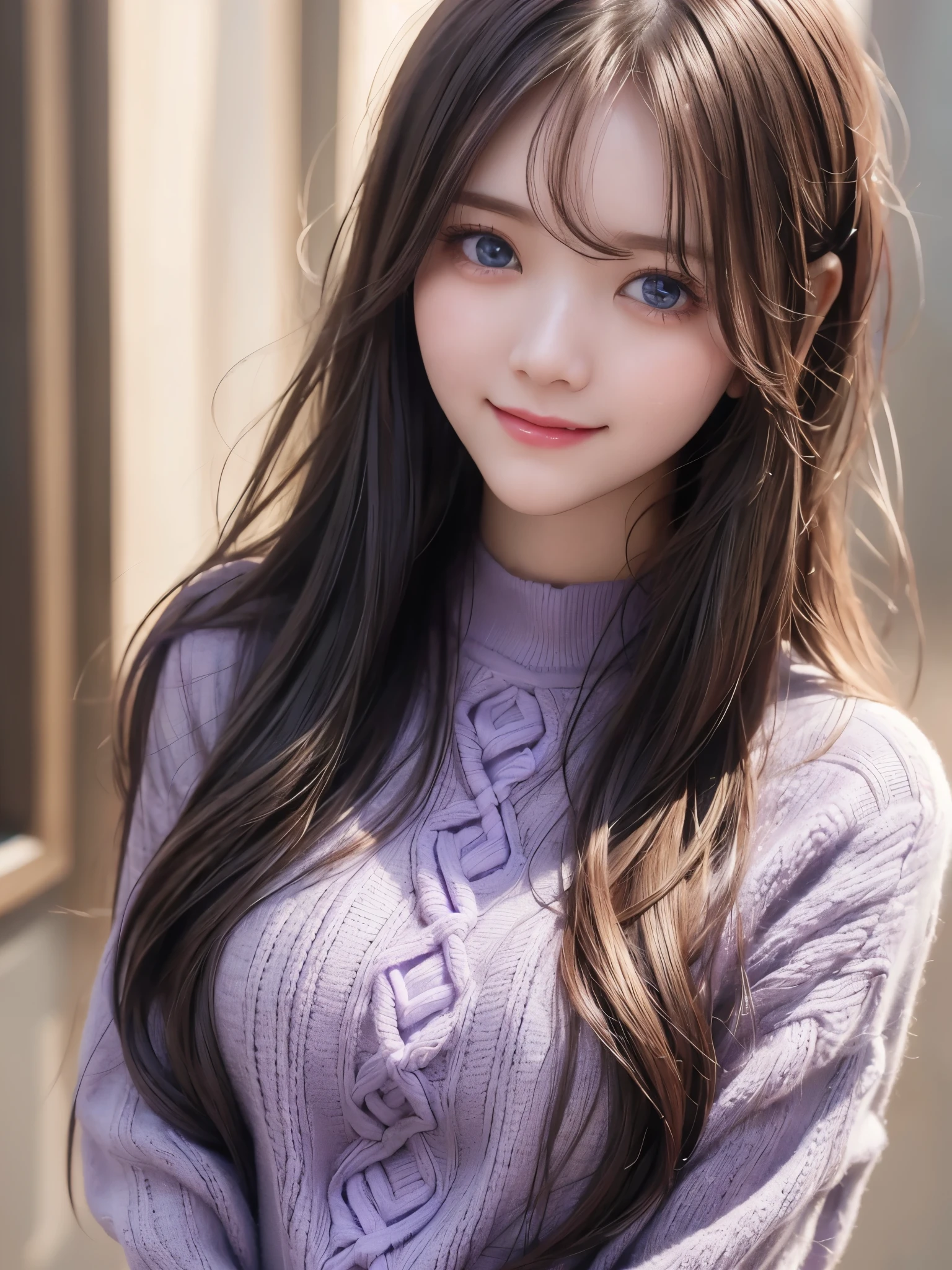 top quality、  super high res 、(Photographically: 1.4)、  beautiful eyes、  very beautiful 、  shiny hair、 face close-up、A whole lot of smiles、((medium hair))、Purple knitted sweater