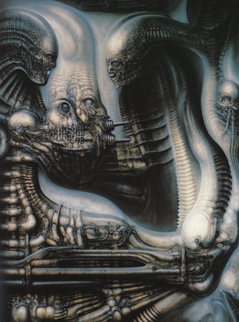 The image is a detailed view of H.R. Giger's biomechanical tableau \" Landscape XVI \" plate, featuring.
(airbrush painting, Giger's alien in front of broken alien ship in landscape, natural light, sharp focus, illustration, highly detailed, digital painting, concept art, matte, art by gric and kozhanov and moebius and Alphonse Mucha, masterpiece, HDR ,UHD , uplight, in HRGigerArhP style);1.
surrealistic painting of a monster with multiple tentacles and a body that looks like a brain, surrounded by a chaotic scene of swirling clouds and other monsters
It's a complex network of bones and organs in eldritch color scheme:a greenish-brown hue ,swirling gery and brown colors. The artwork is silverish and green brown, with an ivory bones prominently displayed. The image is highly detailed and intricate, almost like a 3d version of a medical sketchwork.
The piece is a tableau, most likely created with a India ink pen or pencil on paper, determined by the thin lines, shading techniques, and the texture of the paper, which is visible around the edges.
Used is pen, given the shading and variations in line weight visible in the image. Artist have used a variety of stylus with different degrees of hardness to achieve the shading effects.
The use of undersaturated green-grays dark contrasts creates a stark and graphic look. Is used a variety of linework techniques to create different textures. Fine, parallel lines create a smooth, metallic texture,while thicker, more cursive lines suggest cables or wires.
Light source from the top highlights skeletals, pper part of foreground, lower part of image is in shadowupper part of foreground, lower part of image is in shadow.
The art performance showcases the artist’s skills in observation and rendering. The level of detail in the piece suggests a close study of real bone specimens and mechanics. The artist has skillfully used shading techniques to create a convincing illusion of three-dimensionality on a flat surface. The wrinkles