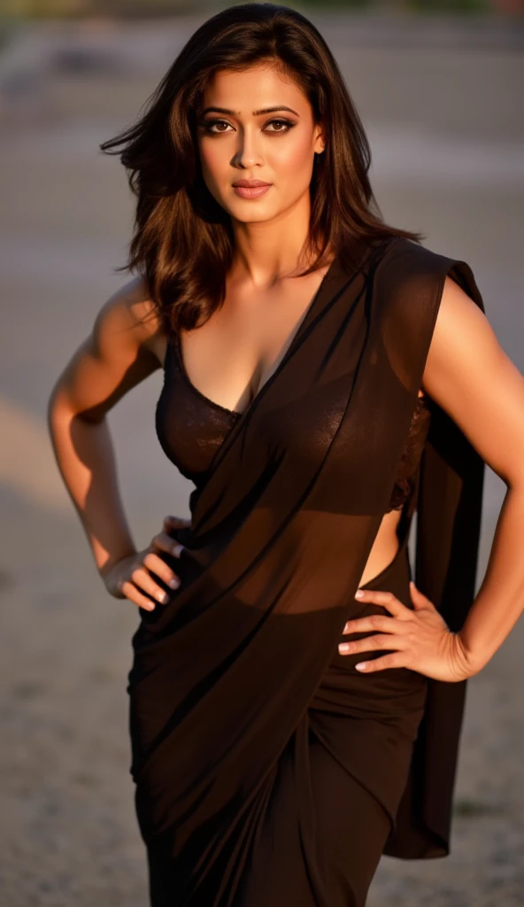 A stunning woman shwetat poses confidently in a striking black saree with sleeveless blouse and clevage. Her hair is perfect straight with no waves or curls and is combed on to one side . Fronral pose. Her hands are on side of her waist showing her body. Her gaze locks onto the camera with seductive intensity, as if daring onlookers to look away. The background is expertly blurred, drawing attention solely to her radiant presence. Shot in breathtaking UHD/4K resolution, realistic skin textures