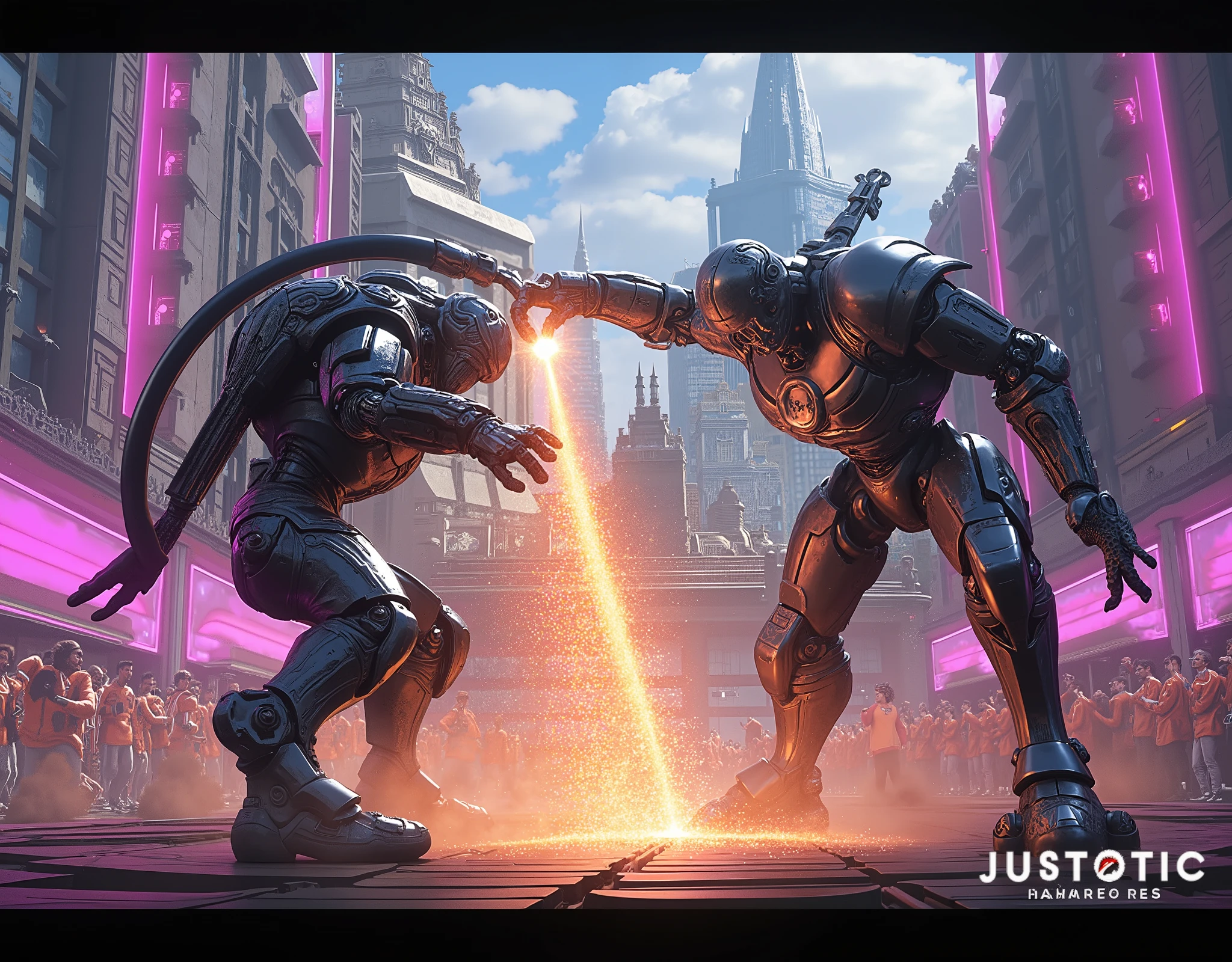 (UHD,4k render, photorealistic ,max detal ,digital photo)  stylized as DC movies  ,(( the battle between two different (different design , different colors ,form)   futoristic gladator robots ))  in the fantastic arena of the city of the future , incredible special effects , gladiator robots fight each other ,sparks, hits ,fantastic spectacle ,spectators,powerful special effects , powerful fantastic robots gladiators of the future, fantastic robot design , future arena ,  robots beat each other ,fantasy,