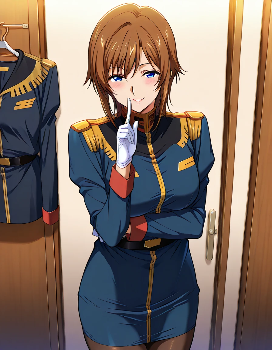  pantyhose、(uniform:1.5)、( Army)、uniform、(Epaulettes)、(High collar)、 1 girl、Takizawa Miyu 、Brown Hair、 Frilled Hair 、 medium hair、 blue eyes、、 Long Sleeve  、Silent Gestures ,(Please keep it a secret),Keep quiet, Toned Trunk , score_9_  up、 score_8_  up、score_7_  up、 Destroys Top Quality 、  refined details  、  source anime 、  1 girl、  White Glove 、 scenery、Wardrobe、  Walkin Closet 、洋服hanger、  Enchanting Poses  ,, ,  seductive smile 、blush、hanger、hangerにかけられたuniform、