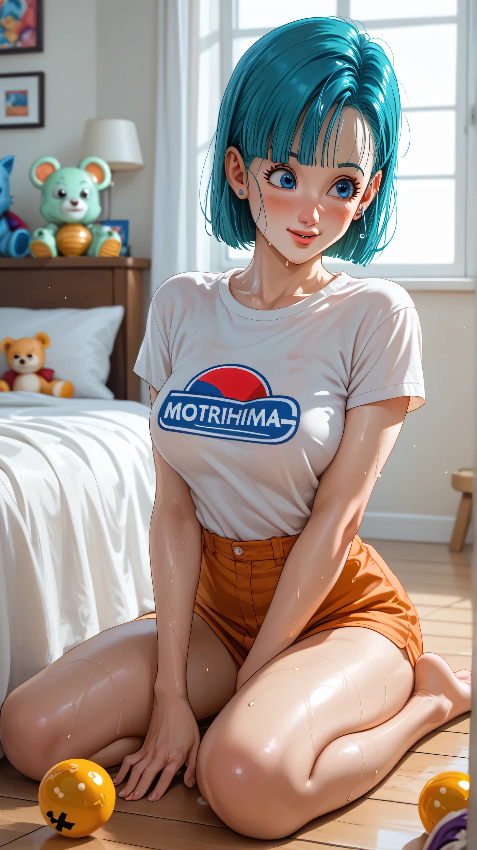  Bulma from the anime Dragon Ball, shy,  blushing , sweaty, excited, in small room , with bed, toys, In Shores short jens ,  low-cut shirt, medium breasts, high resolution,  High Details ,  ,  full body,  sitting on the floor , On the Oniichan shirt, full details, No distortion ,  nothing out of place ,