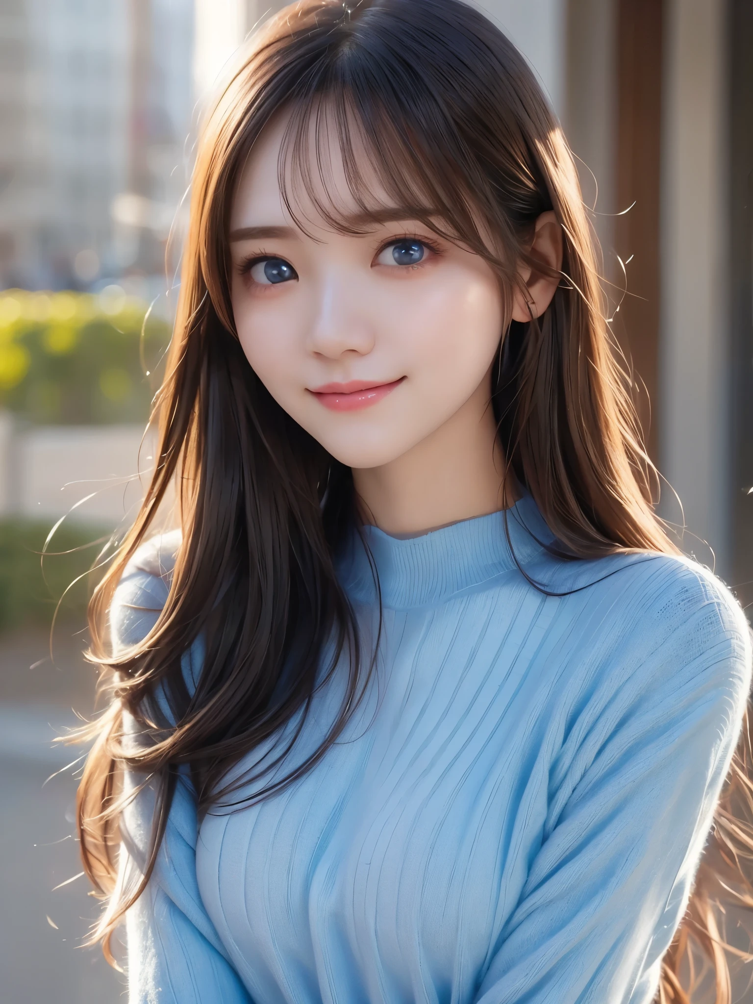 top quality、  super high res 、(Photographically: 1.4)、  beautiful eyes、  very beautiful 、  shiny hair、 face close-up、A whole lot of smiles、((medium hair))、light blue knitted sweater