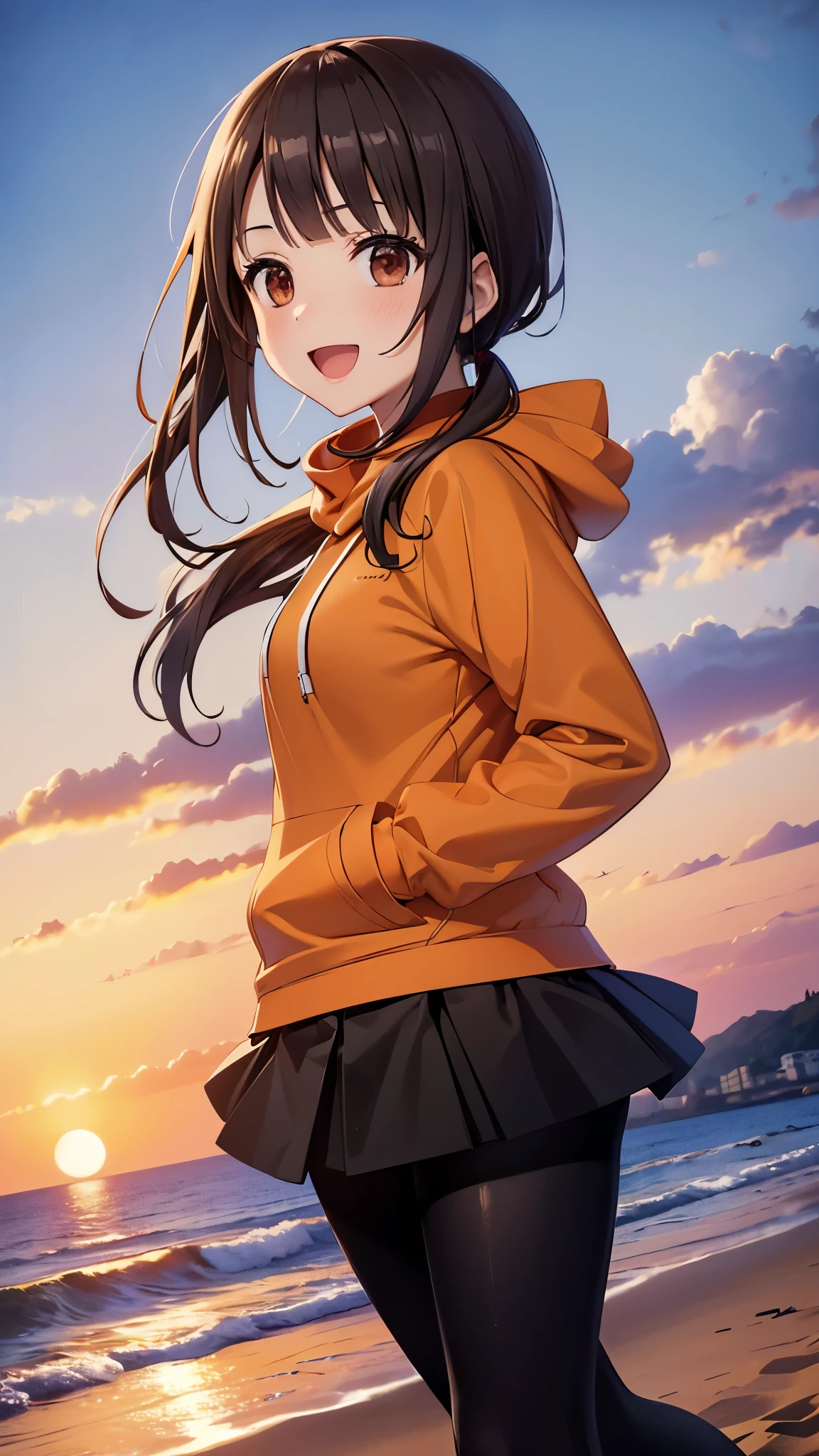 (top quality, greatest masterpiece),okitasawa,low twintales ,(orange hoodie:1.3),black long skirt,pantyhose, anatomically correct body , looking at the camera, very detailed facial features, beautiful and perfect face,(:d:1.3),Sunset sky,Evening summer and winter seashore,((portrait shot:1.3)),sea, sandy beach, looking at the camera, Front Angle,The setting sun,red cheek:1.3,red Scarf,風に揺れる髪