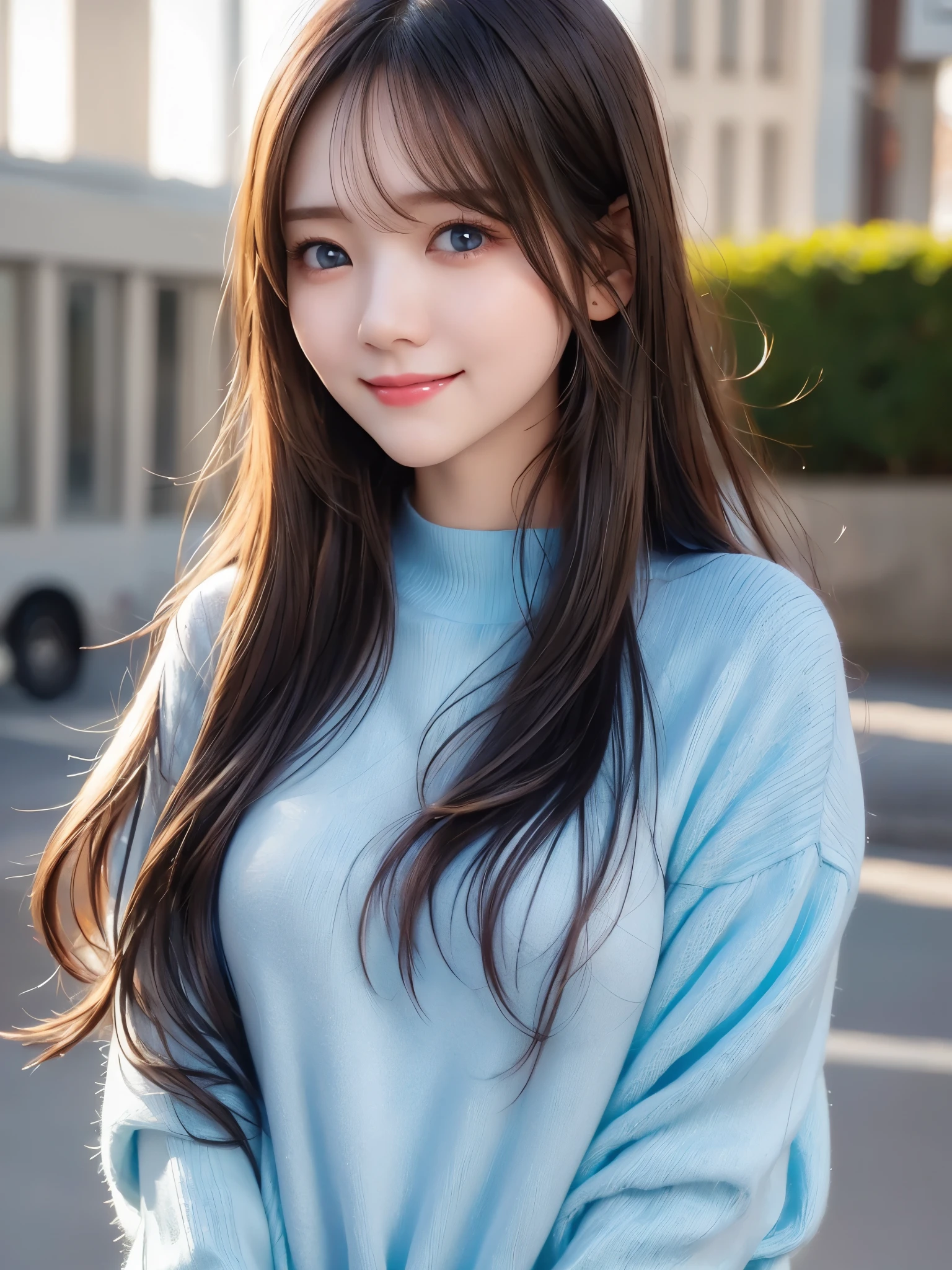 top quality、  super high res 、(Photographically: 1.4)、  beautiful eyes、  very beautiful 、  shiny hair、 face close-up、A whole lot of smiles、((medium hair))、light blue knitted sweater