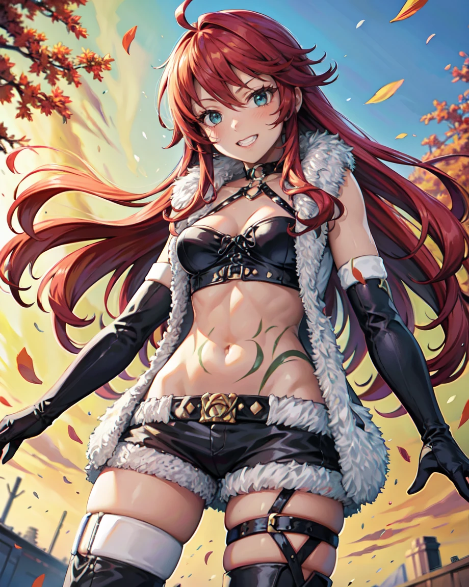 masterpiece, Highest quality, alone, One person,Fine hand, Detailed lighting, High resolution, autumn, autumning leaves, Grin, Aqua Eye, Shirley Orlando, Redhead, Ahoge, Long Hair, Medium chest, Green tattoo, choker, Fur coat, Fur trim, O-ring, Leather tops, Cleavage, Stomach, belly button, gloves, Black shorts, belt, Thigh-high boots, messy hair,

