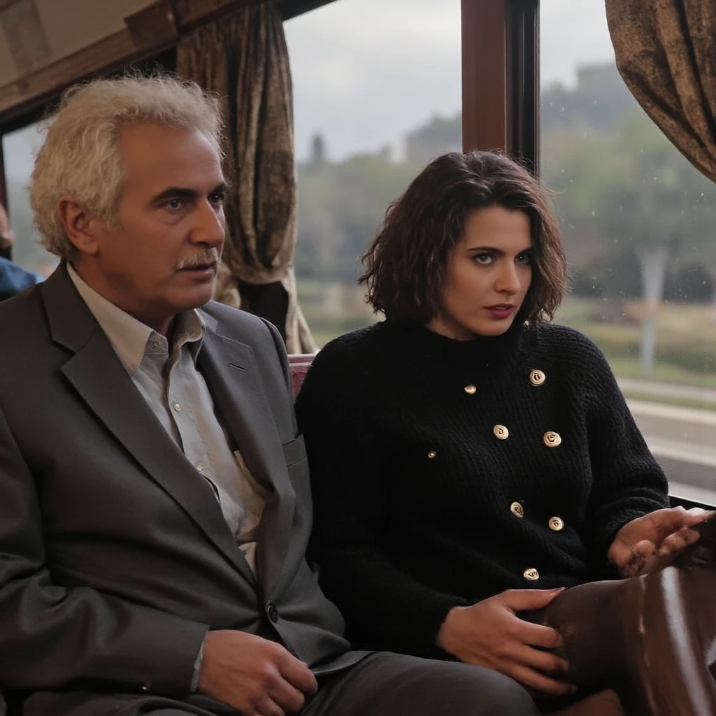 an old Italian man of 80 years old is sitting next to a gorgeous Italian woman with short dark brown hair, wearing a warm long sleeve black long crocheted wool cardigan with big buttons and black Extra Long Thigh High Socks is looking disgusted while sitting cramped,very close, to an older man that looks intensely at her, that desires her, in an empty bus in the countryside in Italy with brown seats, temptation, photorealistic, 1girl, high quality, detailed features, photo-realistic, realistic, 4k, 8k, highres, indirect gaze, Nikon D850A, cinematic photo, 8k, 85mm medium format photo beautiful hyperrealism hyperdetailed, full body shot