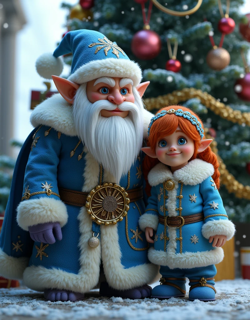 (UHD,4k render, photorealistic ,max detal ,digital photo)  incredible ,  charming orc ( green leather fangs  ,orc Tolkien , phantesis )  in the image of Santa Claus (Father Frost) ,  with a white beard in a blue fur coat , in a blue hat embroidered with snowflakes and trimmed with fur,  and next to him a beautiful young red-haired elf in a suit(outfit ) Snow Maiden ,  against the background of a New Year's Christmas tree  ( decorated with beautiful different balloons ,Decorations,garlands), it's snowing lightly ,  photorealism ,  photorealistic characters 