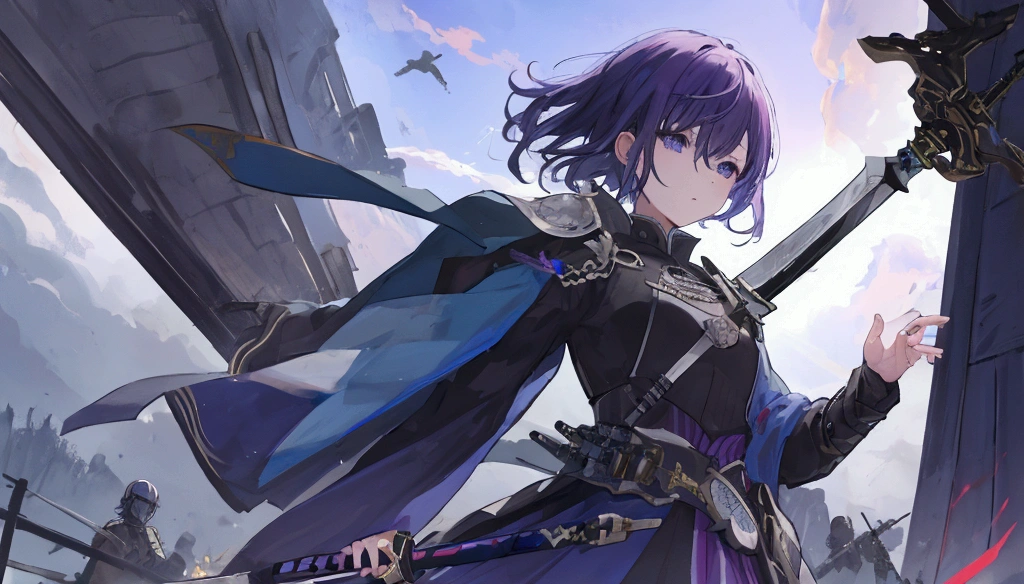  top quality 、masterpiece、battlefield、Before Dawn、 short bob、Blue-purple hair、knight、woman、sword、地面に刺さるsword