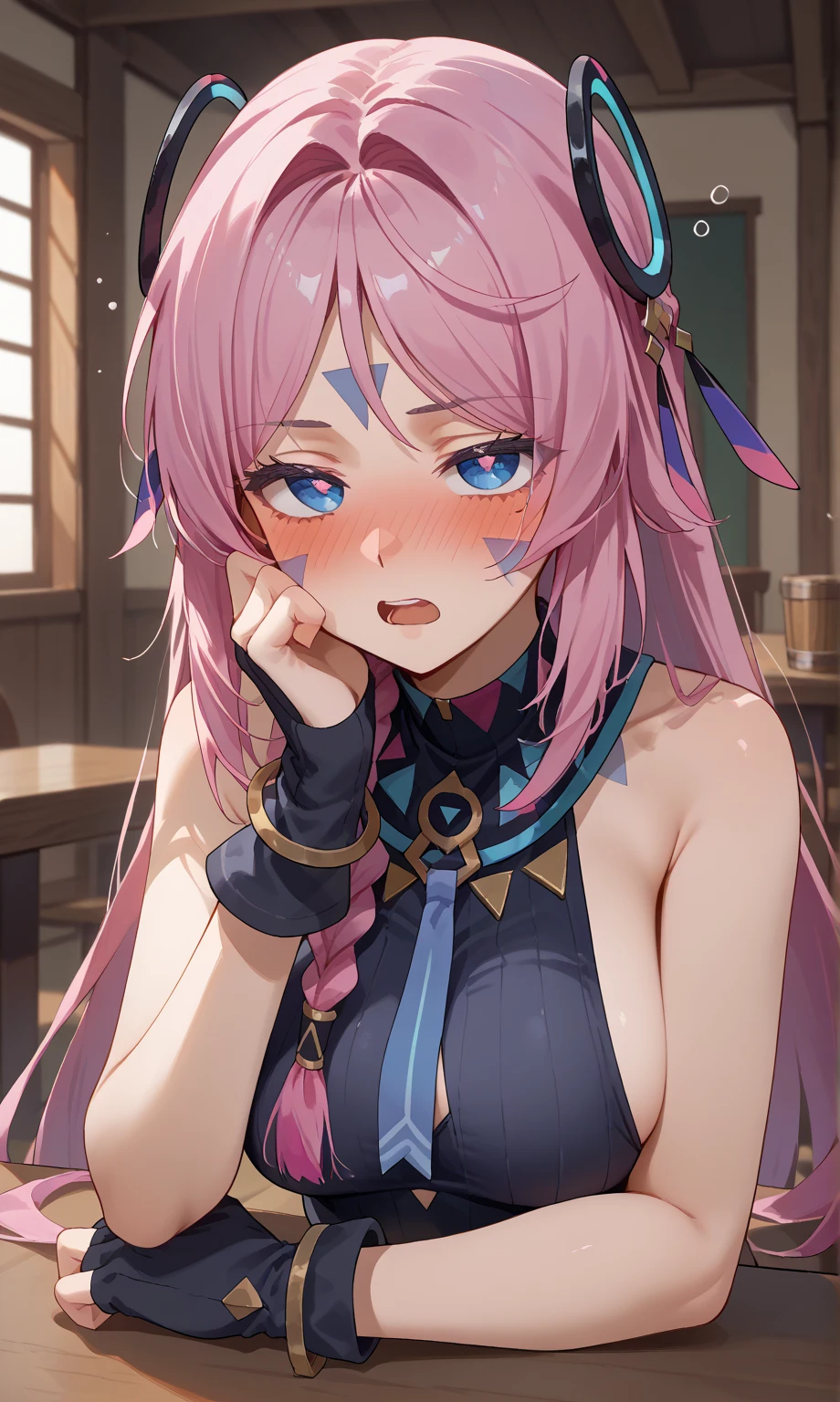 score_9,score_8_up,score_7_up,citlali, 1girl, alternate breast size, arm on table, blue eyes, blush, braid, breasts, drunk, fingerless gloves, floating hair ornament, gloves, head rest, indoors, medium breasts, long hair, looking at viewer, open mouth, pink hair, pink pupils, side braid, sideboob, sleeveless leotard, solo, triangle facial mark, upper body