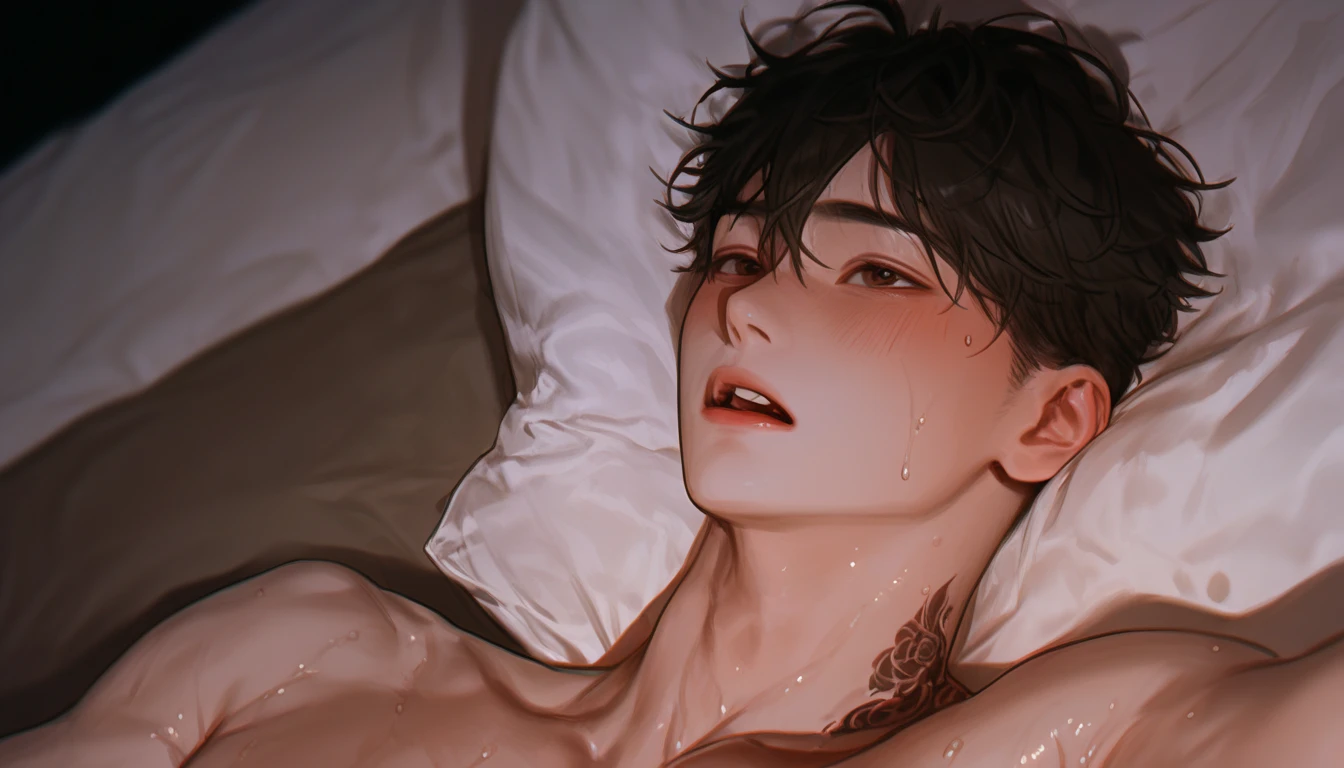  Sunny ， first person，On the bed，跪在On the bed， first person看到，Looking up， Korean comic style ，A boy ， kneeling in front of me ， he looks up at the camera ，Young and energetic， is in good shape ， smooth skin ， a handsome face and a small face ，龙Tattoo， Korean comic style ，muscle， White Skin，Tattoo，wet hairstyle ， Sweating，Sweating，Gasp ， blush,Young boys， Glamorous Eyes 