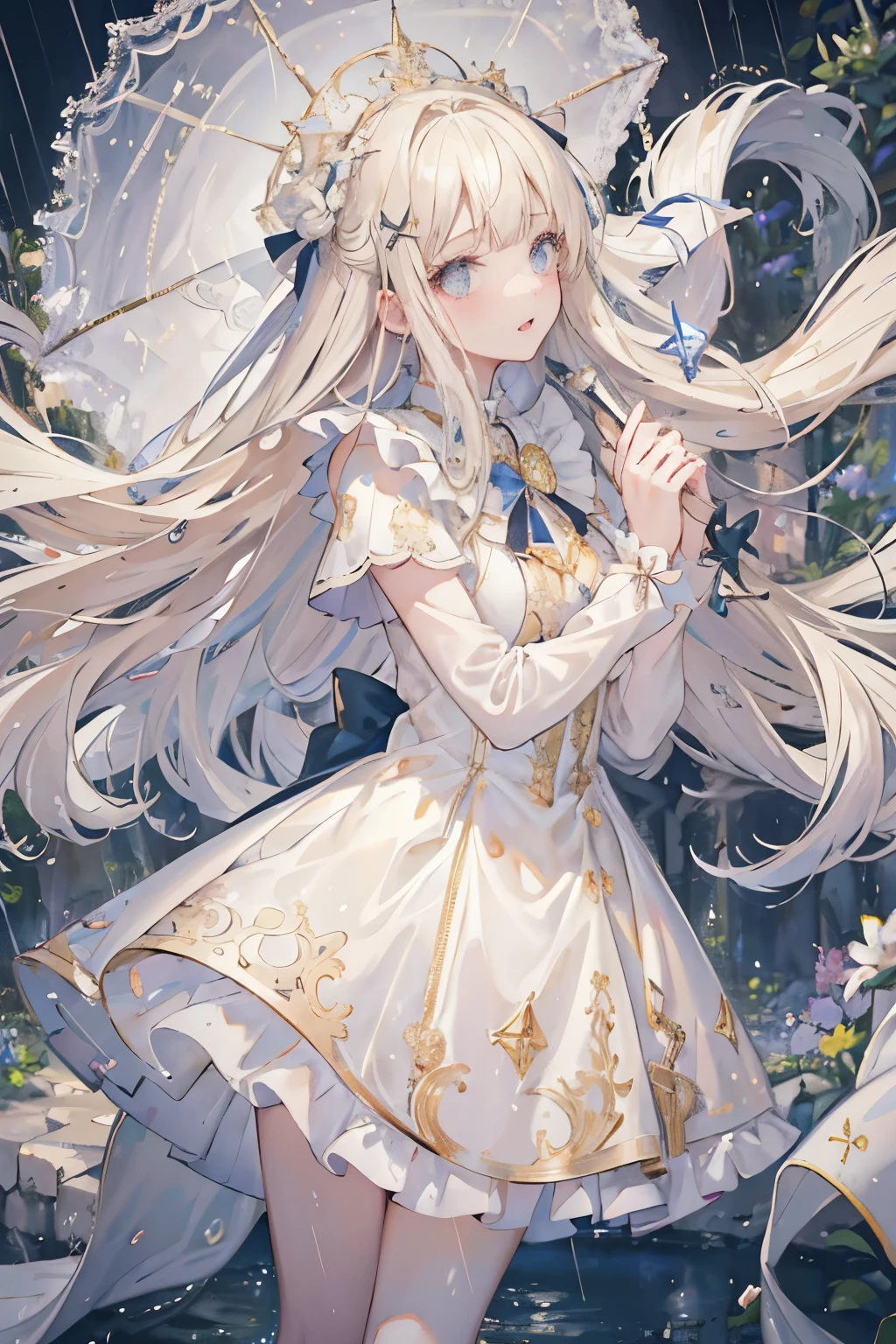 4k ultra hd, masterpiece, best quality, a girl, beautiful face, detailed eyes, very long hair, impressive and attractive hair, good looking, lovely lips, happy, opened mouth, rainy dress, gold dress, white lace, cristalized jwellery, shining jwellery, natural background, wet ground, hard raining, wet body, direct x 3.0 visual effect, reflection on water, very hard raining, blowing wind, standing, in the rain, whole body capture,