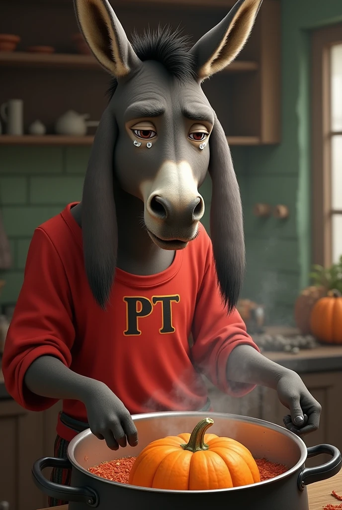 Donkey in a red blouse with the name PT crying cooking pumpkin in the pot