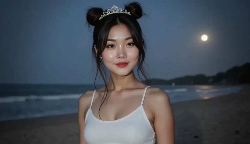 The style is hyper realistic image of a korean woman, adorable with her hair into two buns on top and bangs, wearing a white princess dress, with a tiara crown, barefoot, night, full moon, beachside, moonlight adds to the graceful impression of the female character.