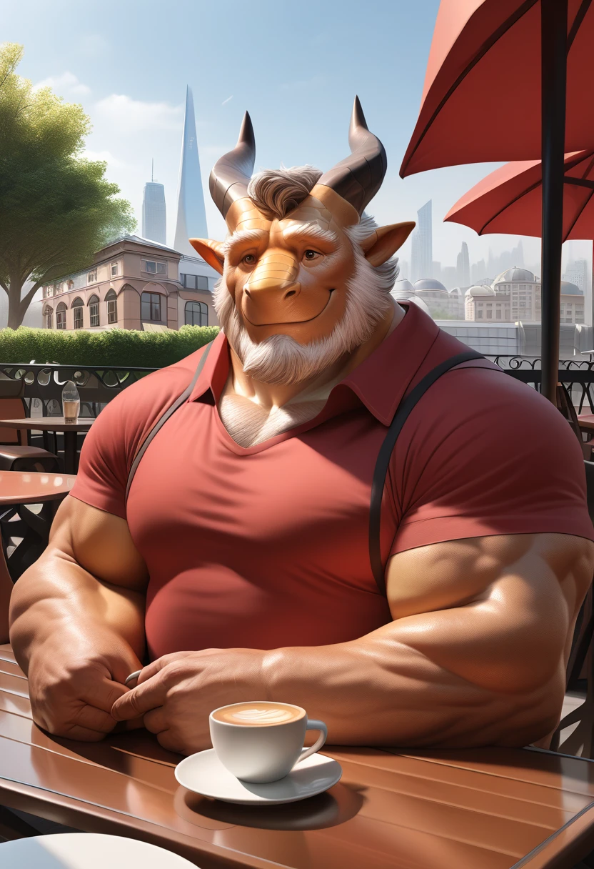 Bull orc resting on a park bench，Gray hair，Obesity，Wearing black vest and grey sports shorts，Wearing white sneakers，There are red envelope stripes on the shoes，Smile and look ahead