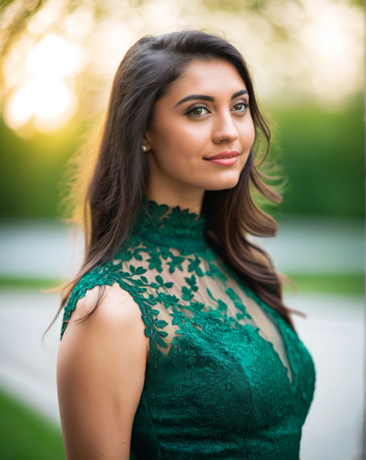 ultrarealistic soft focus photo of a 26-year-old woman, outdoors,  high neck Dark spring green cocktail dress with lace covering chest and cleavage, macro shot camera angle, looking looking at camera, day time, beautiful bokeh  