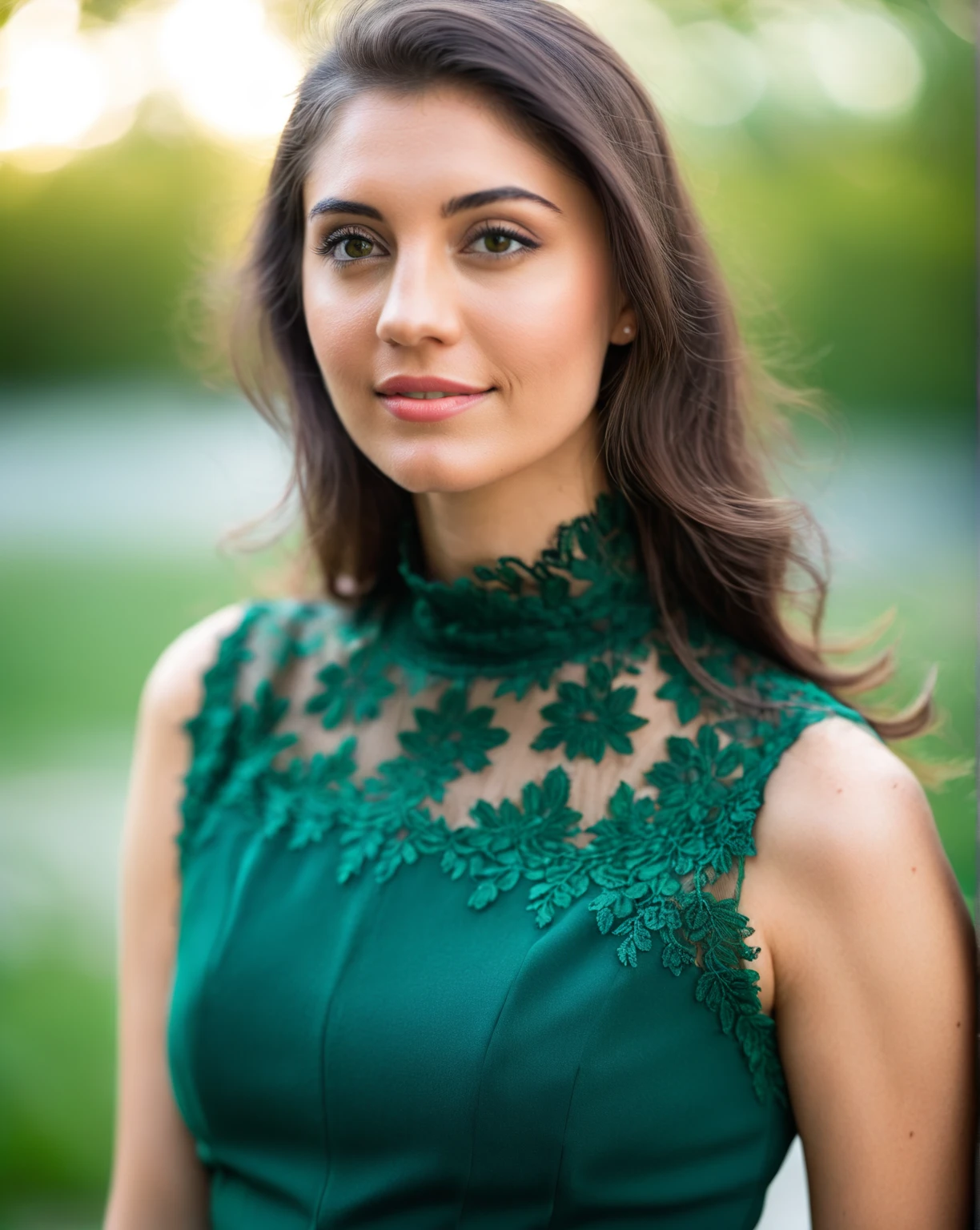 ultrarealistic soft focus photo of a 26-year-old woman, outdoors,  high neck Dark spring green cocktail dress with lace covering chest and cleavage, macro shot camera angle, looking looking at camera, day time, beautiful bokeh  