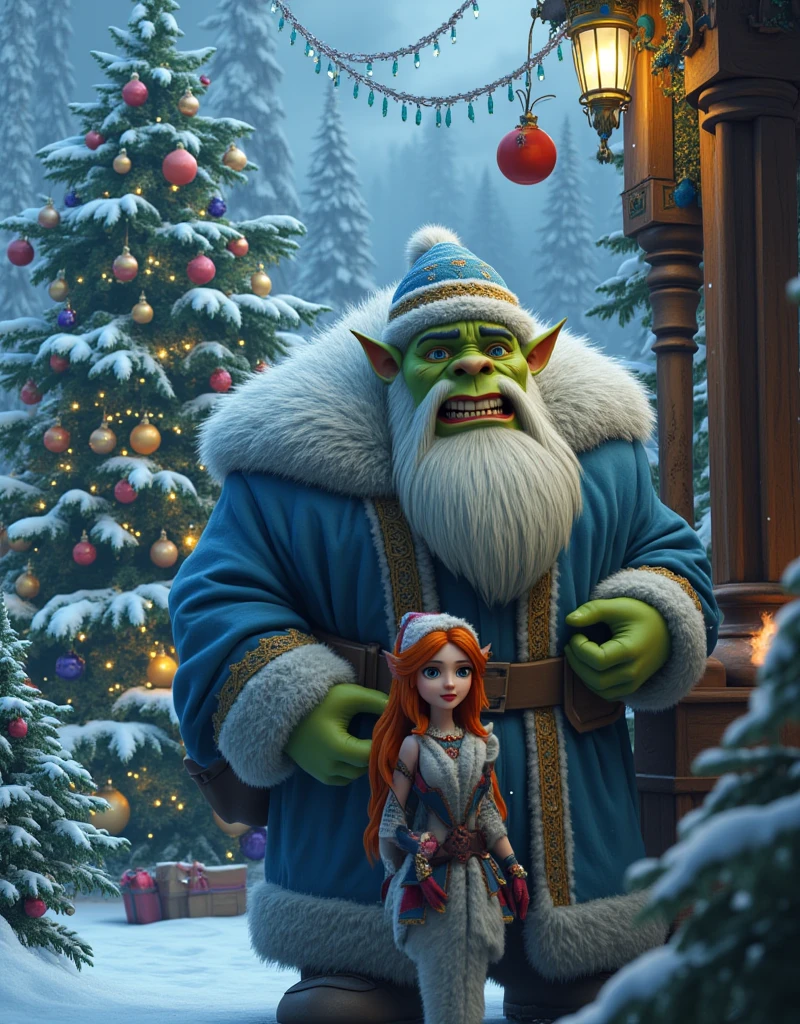 (UHD,4k render, photorealistic ,max detal ,digital photo)  incredible ,  charming orc ( green leather fangs  ,orc Tolkien , phantesis )  in the image of Santa Claus (Father Frost) ,  with a white beard in a blue fur coat , in a blue hat embroidered with snowflakes and trimmed with fur,  and next to him a beautiful young red-haired elf in a suit(outfit ) Snow Maiden ,  against the background of a New Year's Christmas tree  ( decorated with beautiful different balloons ,Decorations,garlands), it's snowing lightly ,  photorealism ,  photorealistic characters 