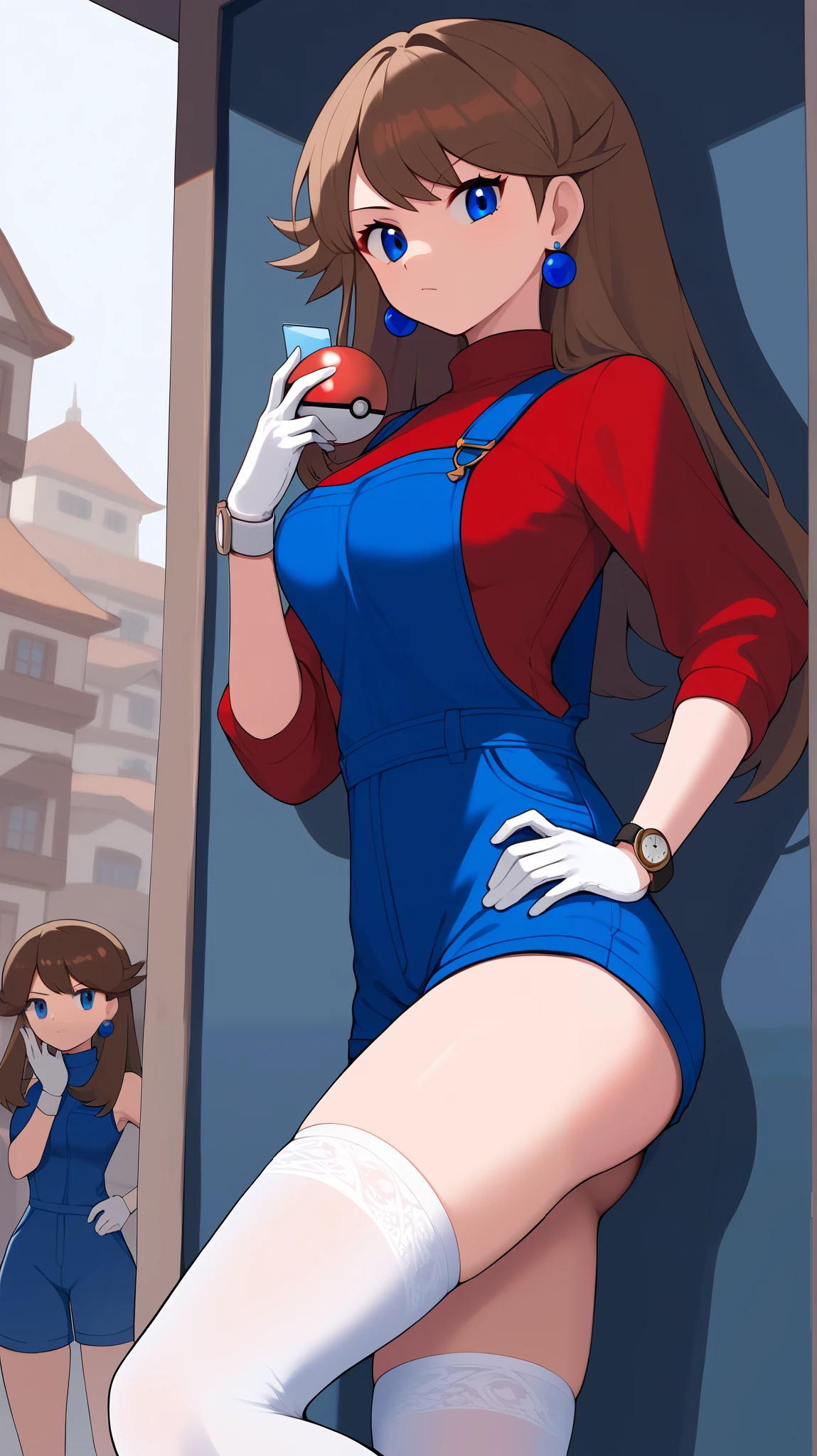 (( top quality )), ((masterpiece)), (( Details)), 1girl, orange brown hair color, long hair, blue eyes, red long sleeve shirt , blue shorts overalls, white knee-high stockings reflective on glass floors, absolute domain, orange laces , blue earrings, serious expression, Watch Viewers , Place one hand on hip, Tall, ANIME COLORING BOOK, 1 Female, Age 18, Three idiot hairs , with bangs, whole body, slim figure, Ample breasts, town, (\ Pokémon\), Two legs, two arms,