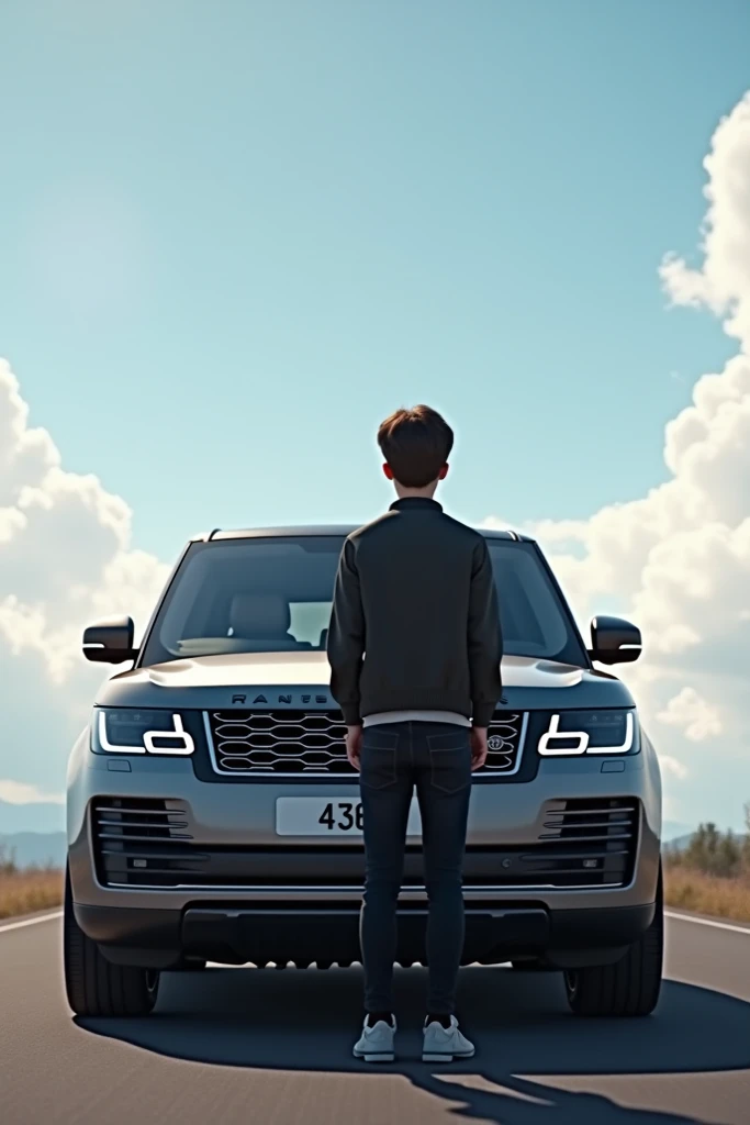 create a imiage a beautifulI boy sit the side of
rang rover at numberplate write ABDULLAH