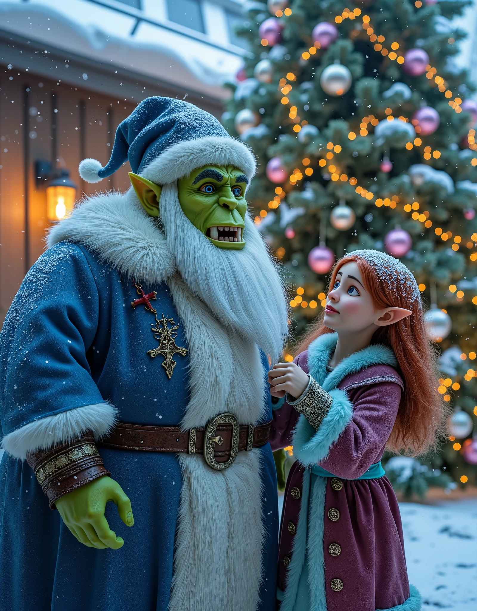 (UHD,4k render, photorealistic ,max detal ,digital photo)  incredible ,  charming orc ( green leather fangs  ,orc Tolkien , phantesis )  in the image of Santa Claus (Father Frost) ,  with a white beard in a blue fur coat , in a blue hat embroidered with snowflakes and trimmed with fur,  and next to him a beautiful young red-haired elf in a suit(outfit ) Snow Maiden ,  against the background of a New Year's Christmas tree  ( decorated with beautiful different balloons ,Decorations,garlands), it's snowing lightly ,  photorealism ,  photorealistic characters 