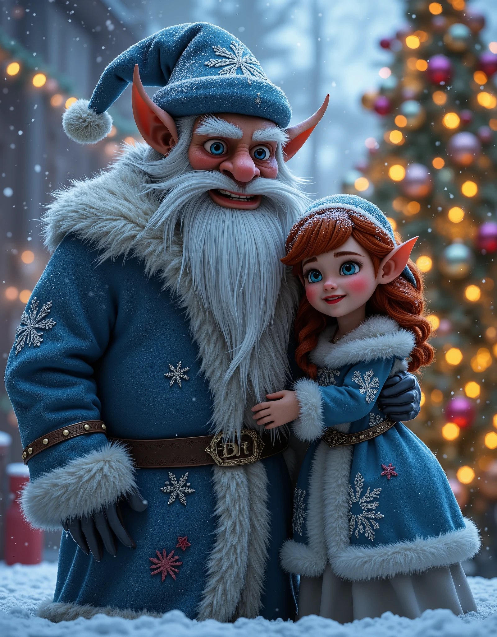 (UHD,4k render, photorealistic ,max detal ,digital photo)  incredible ,  charming orc ( green leather fangs  ,orc Tolkien , phantesis )  in the image of Santa Claus (Father Frost) ,  with a white beard in a blue fur coat , in a blue hat embroidered with snowflakes and trimmed with fur,  and next to him a beautiful young red-haired elf in a suit(outfit ) Snow Maiden ,  against the background of a New Year's Christmas tree  ( decorated with beautiful different balloons ,Decorations,garlands), it's snowing lightly ,  photorealism ,  photorealistic characters 