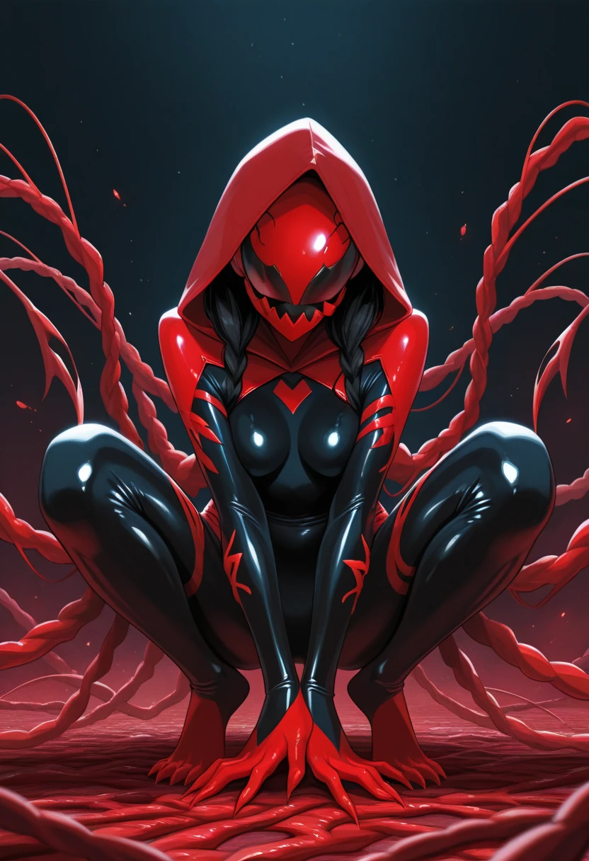 a close up of a photo of a woman wearing a funny hat, sitting on her knees, leaning back on her hands, 1girl, solo, breasts, hood, squatting, black hair, barefoot, faceless, ,,She Carnage Bodysuit, She Carnage Takeover, Latex Like Suit, Masterpiece 1girl, cute anime girl symbiote, sharp claws, She Carnage Anime Girl