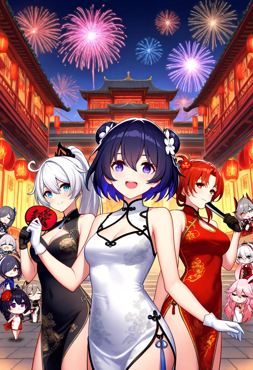 long hair, breasts, looking at viewer, smile, short hair, open mouth, bangs, blue eyes, multiple girls, brown hair, black hair, hair ornament, gloves, dress, holding, animal ears, cleavage, hair between eyes, bare shoulders, closed mouth, purple eyes, closed eyes, ponytail, pink hair, purple hair, flower, white hair, :d, red hair, outdoors, sky, black gloves, white gloves, hair flower, hair bun, chibi, white dress, hair over one eye, streaked hair, grey eyes, fox ears, double bun, night, sleeveless dress, 6+girls, chinese clothes, drill hair, red dress, night sky, china dress, hand fan, twin drills, holding fan, architecture, fireworks, east asian architecture, chinese new year, kiana kaslana, bronya zaychik, raiden mei, fu hua, yae sakura, theresa apocalypse, seele vollerei, rita rossweisse, murata himeko