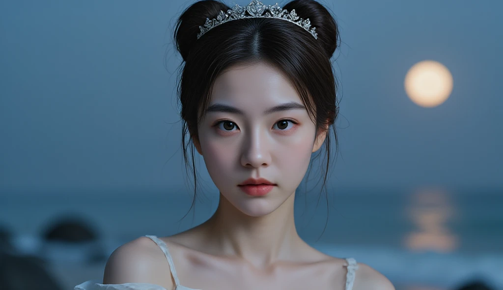 The style is hyper realistic image of a korean woman, adorable with her hair into two buns on top and bangs, wearing a white princess dress, with a tiara crown, night, full moon, beachside, moonlight adds to the graceful impression of the female character.