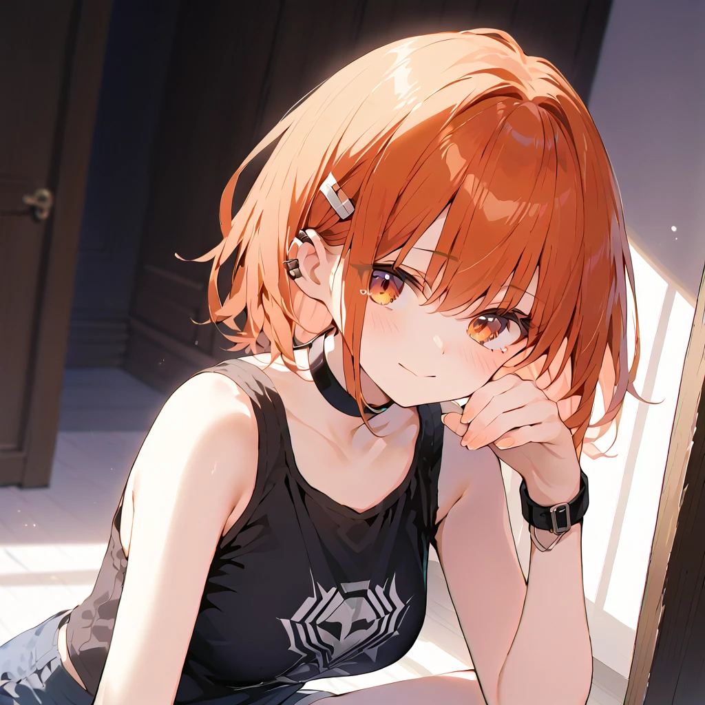 超 high resolution ,  meticulous detail , High quality,  high resolution , 最High quality, 4K, 8k, premier, (work)、 poster image , girl( Orange Short Hair,  Brown Eyes , White Skin ,  big boobs,Black tank top , blue shorts ), Tearful , sad face