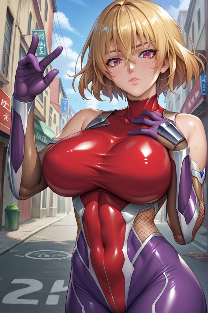  interruption source _anime, viewers sweat a lot, 1 girl, bangs, underbust,  THIG-LENGTH SOCKS,large breasts, (taimanin suit), (two breast), , dark alleyナイトシティ,  taimanin suit, body suit, beautiful detailed eyes, Bow-legged,  kitasan black ,whole body