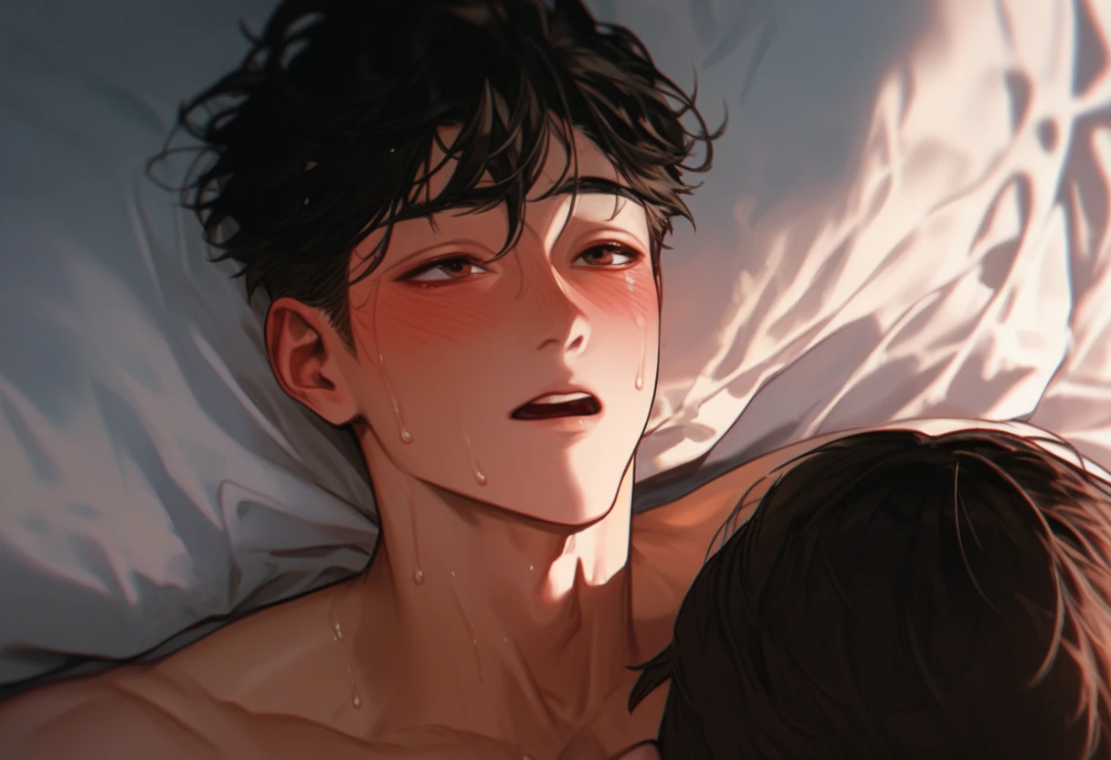 Boy couple ， first person，On the bed，躺在On the bed， first person看到，Looking up，Korean comic style，A boy ， look up at the camera，Young and energetic， is in good shape ， smooth skin ， a handsome face and a small face ，龙Tattoo， Korean comic style ，muscle， White Skin，Tattoo，wet hairstyle ， Sweating，Sweating，Gasp ， blush,Young boys， Glamorous Eyes ，Leg perspective 