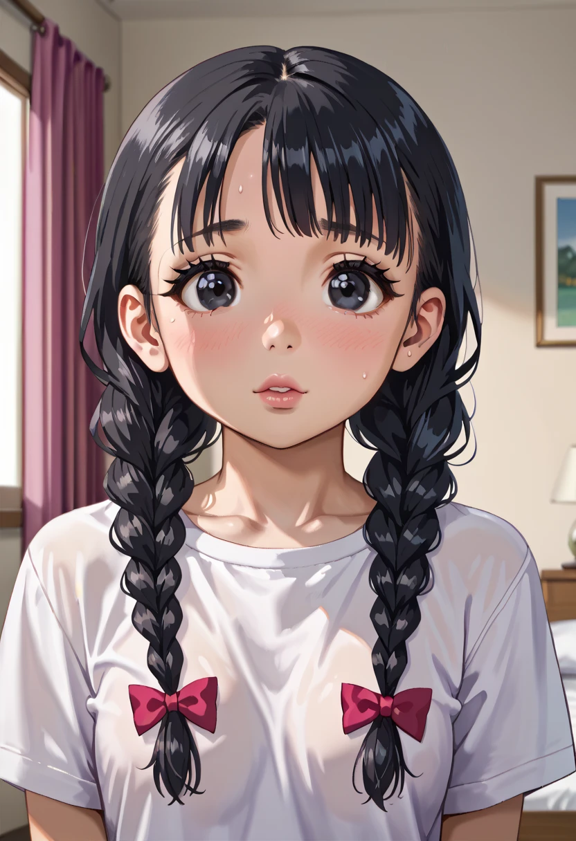 (1girl:1.3), Masterpiece, Best quality, amazing beauty, 4K, absurdres, finely detail, super detailed eye, perfect anatomy, official art, cinematic lighting, BREAK, ((((Bright bedroom)))), Twin braids (shorter), (black hair:1.5), ((super shiny detailed black eye)), cute eyes, Half-open eyes, full lips, Plump face, (((round face))), shy face, (((young face:1.5))), BREAK , A-cup breasts, short stature, (((**********************:1.5))), ((Young body)), , BREAK , (One-piece:1.2), BREAK,()