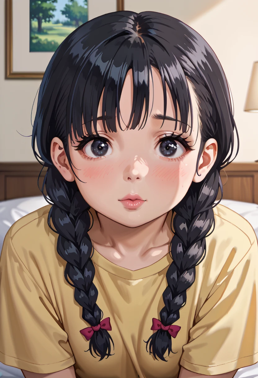 (Masterpiece, ultra-high quality, perfect anatomy, perfect body, perfect face, HD quality, best quality, best lighting, bedroom setting, perfect quality), (Vanellope von Schweetz) , (black hair), sexy pajama, hot female
