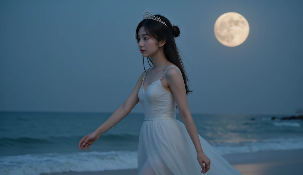 The style is hyper realistic image of a korean woman, adorable with her hair into two buns on top and bangs, wearing a white princess dress, with a tiara crown, barefoot, walking, night, full moon, beachside, moonlight adds to the graceful impression of the female character.