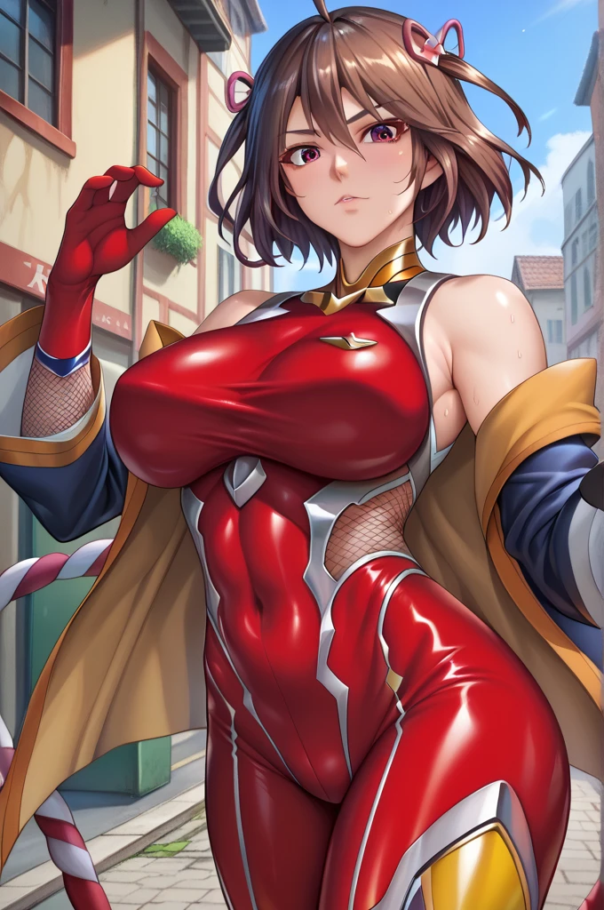  interruption source _anime, viewers sweat a lot, 1 girl, bangs, underbust,  THIG-LENGTH SOCKS,large breasts, (taimanin suit), (two breast), , dark alleyナイトシティ,  taimanin suit, body suit, beautiful detailed eyes, Bow-legged,  kitasan black ,whole body