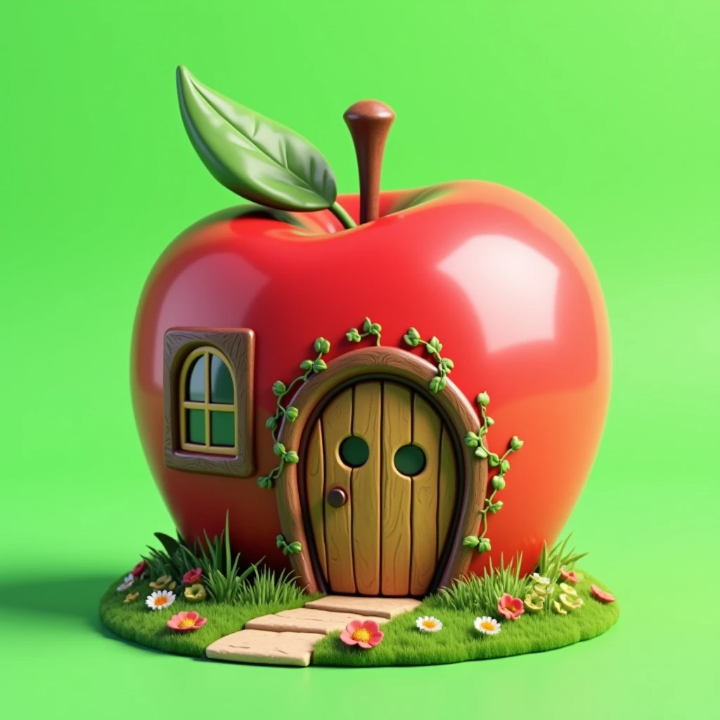 A 3D-rendered, whimsical house designed to resemble an apple. The house is shaped like a large, red apple with a shiny surface and a small stem and green leaf on top. It features a charming wooden door with a rounded arch, small circular windows, and ivy creeping up the sides. The house is surrounded by a small garden with grass, flowers, and stepping stones leading to the entrance. The background is a solid, vibrant green color to highlight the design.