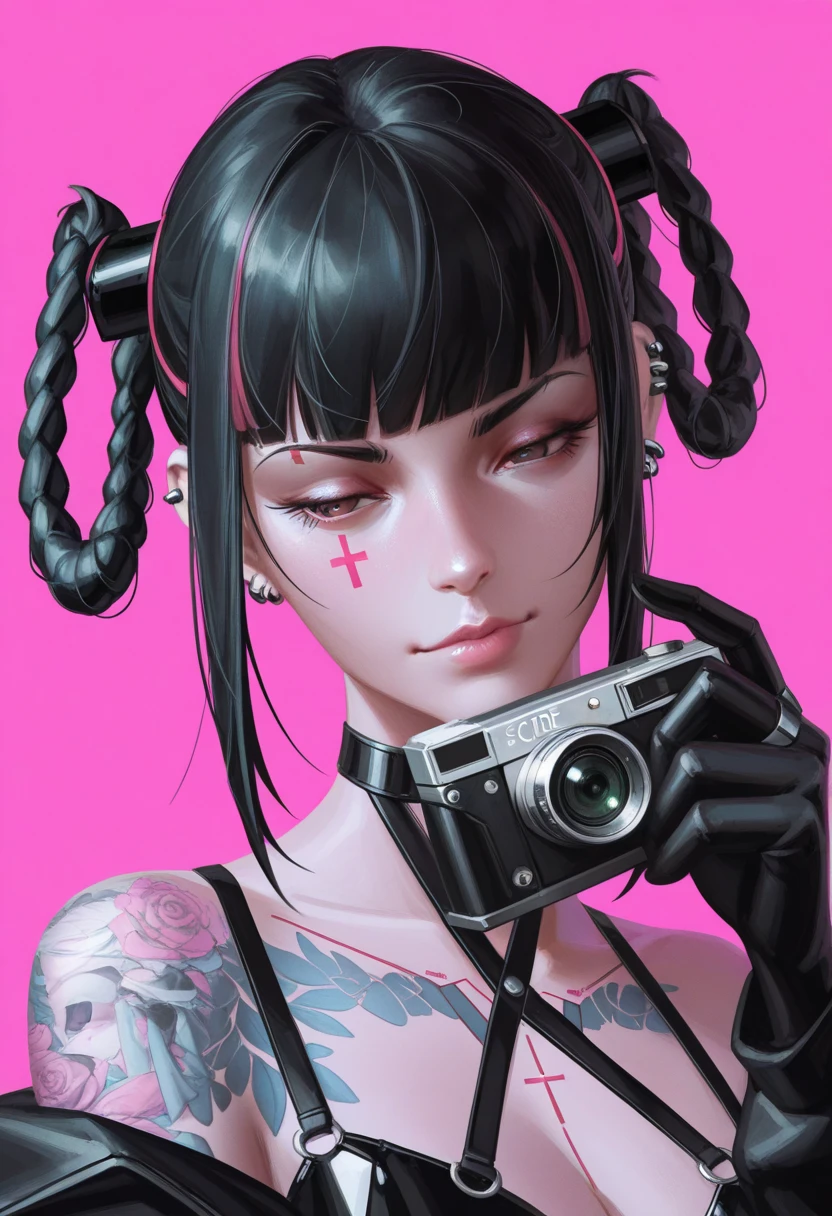  anime girl image:1.4,  a close up of a woman with tattoos on her face and body  ,  The bangs reach the eyebrows  ,  squinting eyes looking at the camera,  with long false eyelashes  ,  the head tilted slightly upwards  , With several piercings ;1,3 ,  wears black leather clothing with crosses like rings and piercings all over her ear , ,  shows a bare shoulder with tattoos  , pink background,  cyberpunk art inspired by Yanjun Cheng  ,  trend on CGSociety , Gothic art, hyper-realistic  cyberpunk style  , cyberpunk art style,  cyberpunk style  ，  hyperrealistic,  beautiful face of a cyberpunk girl  ,  artwork in the style of guweiz  , Cyberpunk themed art  , ross drawings 1  . 0,  ross drawings 2  . 0