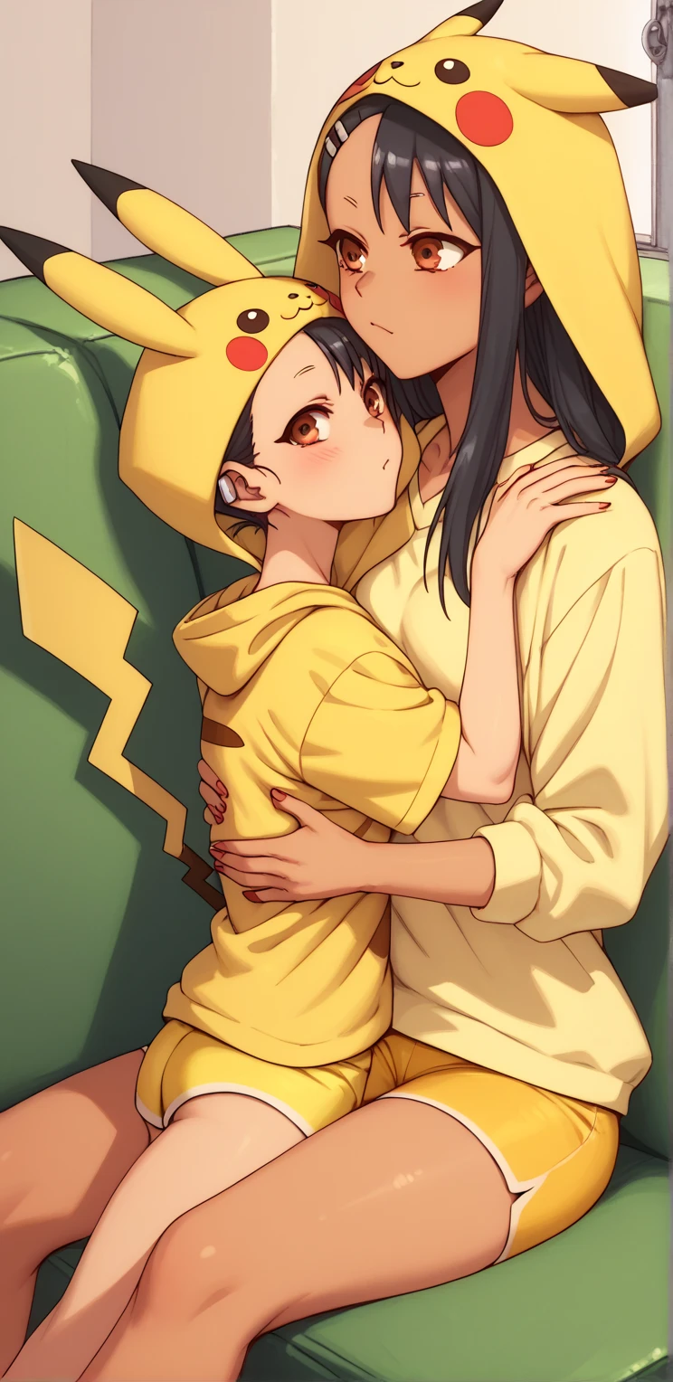 nagatoro:    sitting on the couch  , Pikachucosplay, Pikachu \(Pikachu\),  character print, hood, moletom com hood, yellow sweatshirt, yoga shorts ,  touching their cell phones.